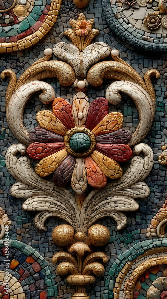 custom made wallpaper toronto digitalBaroque Floral Mosaic with Ornamental Leaves and Golden Accents 