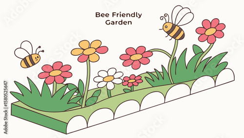 Cute cartoon bees buzzing around a colorful flower garden with green grass and a decorative border
