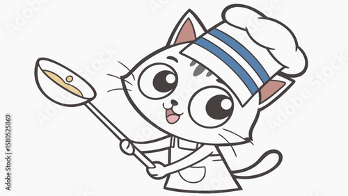 Cute cartoon cat chef with a spoon and chef hat preparing food
