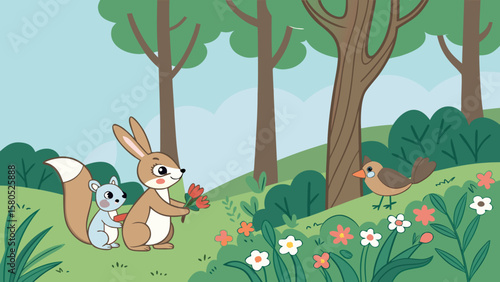 Cute cartoon rabbit and squirrel friends in a forest with flowers and a bird