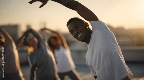 Fototapeta Naklejka Na Ścianę i Meble -  Group fitness class stretching arms at sunset health and wellness outdoor exercise routine training session