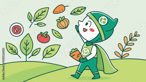 Cute cartoon character in green superhero costume with healthy vegetables and leaves