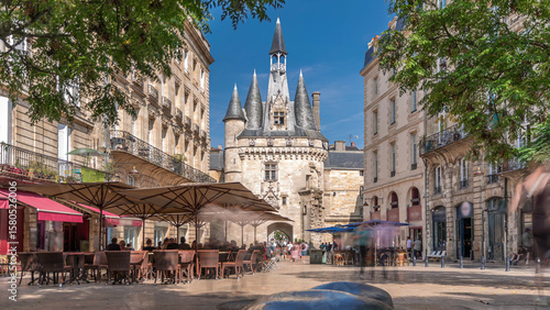 Fototapeta Naklejka Na Ścianę i Meble -  Historic Porte Cailhau timelapse in Bordeaux, France, with its medieval architecture and spires