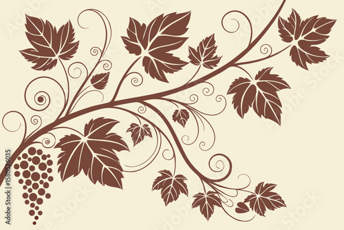 Elegant brown grapevine with leaves and swirls on a cream background