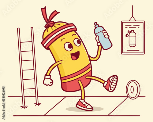 Happy cartoon character exercising with a water bottle and sports equipment