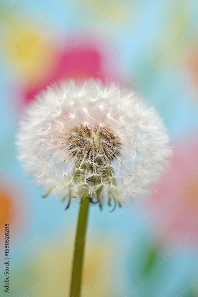 Obraz premium Macro shot of a beautiful dandelion flower with seeds against a colorful background
