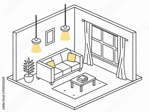 Cozy isometric living room with sofa coffee table and potted plant