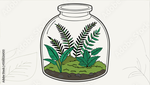 Delicate greenery flourishes inside a clear glass terrarium jar