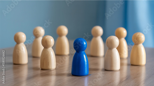 A minimalist composition featuring wooden peg people on a light wooden surface against a soft blue-gray background.