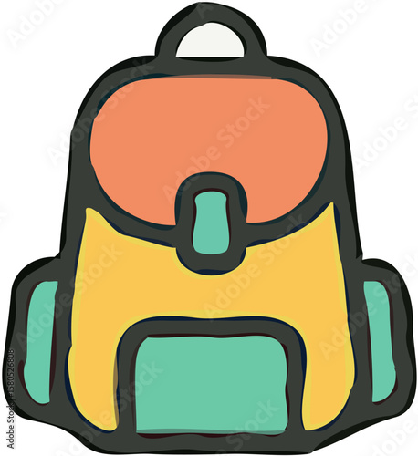 Illustration of a colorful backpack with orange, yellow, and green sections, outlined in black.