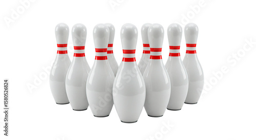 A full rack of ten white bowling pins with red stripes on their necks against a black background