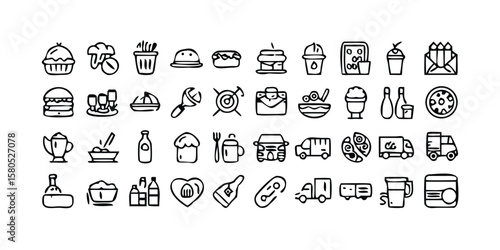 Extensive Set of 95 Food Delivery Line Icons Featuring Various Food Transportation and Service Elements for Restaurant and Delivery App Design on transparent background