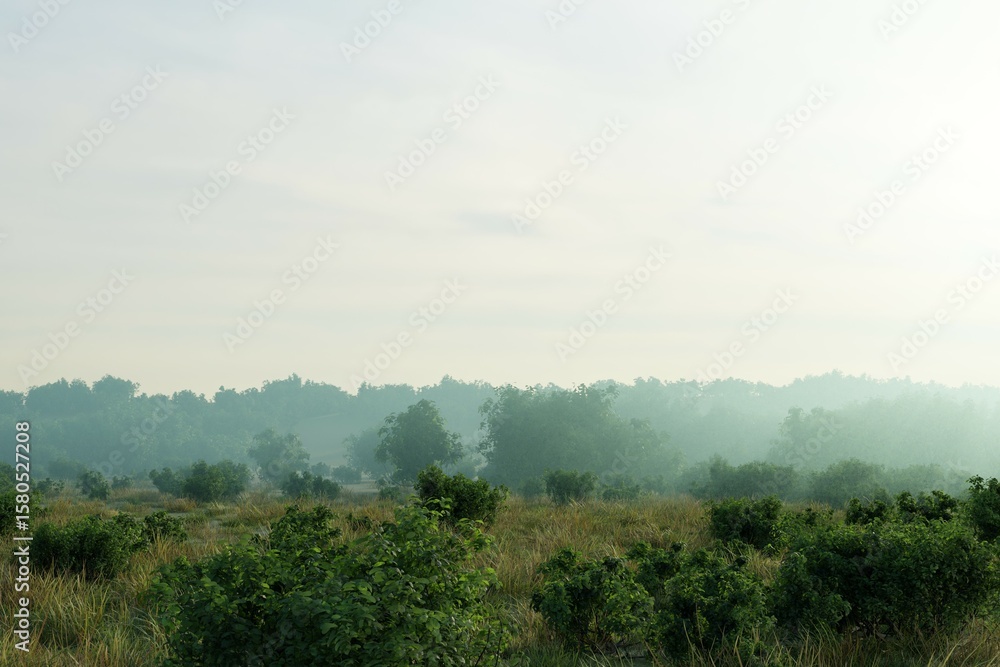 Obraz premium tranquil dawn scene unfolds, showcasing a flat expanse of low-lying vegetation in the foreground, leading to a misty, indistinct line of trees and hills in the soft, pale light of early morning