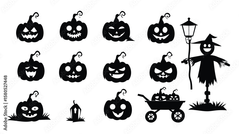 Obraz premium Silhouette halloween pumpkins and scarecrow with lantern and wheelbarrow decoration vector design