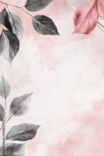 Gray and pink leaves on a soft background create a lovely floral frame