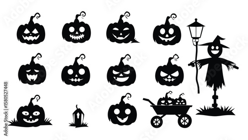 Silhouette halloween pumpkins and scarecrow with lantern and wheelbarrow decoration vector design