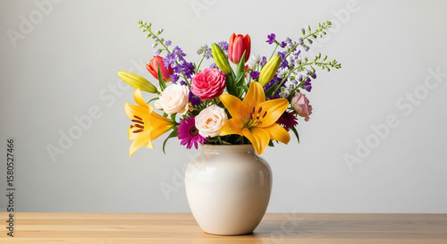 Colorful Flower Bouquet in Ceramic Vase on Wooden Table

