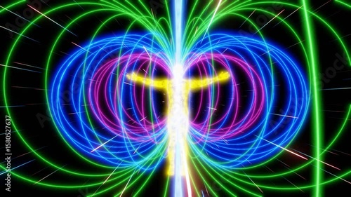 Human aura energy field lines with stars flying in the background. 3D illustration