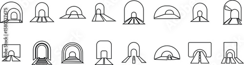 Tunnel signs icons set, collection and group in multi-series styles including line and outline, with road, underpass, passageway, subway, cave, entrance, exit vector symbols