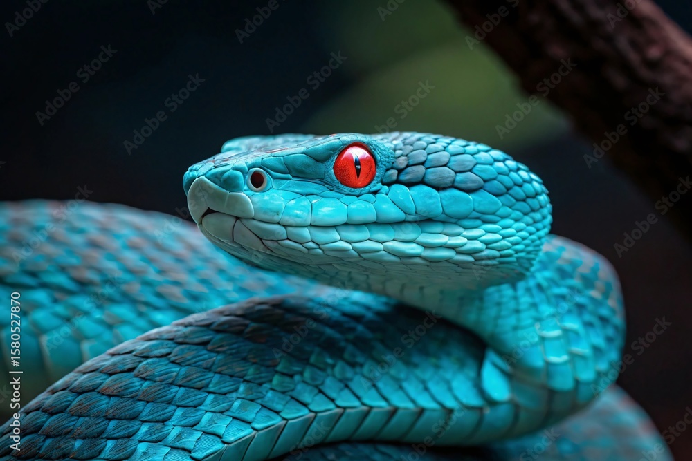Fototapeta premium Striking blue viper with bright red eyes snake scales