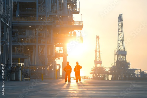 Two Workers in Safety Gear Standing at Sunset in Industrial Area with Oil Rigs and Machinery in Background