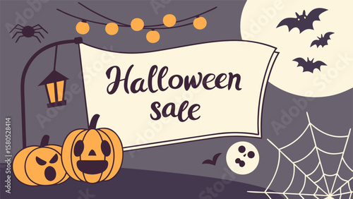 Halloween sale banner with spooky decorations including pumpkins bats spider cobweb and string lights for festive promotions