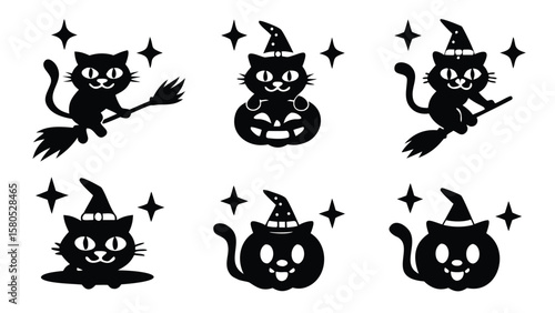 Collection of six black cat halloween illustrations with stars and pumpkins in silhouette style