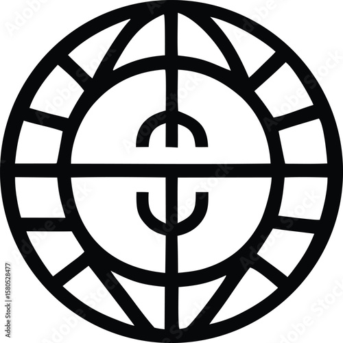 Stylized black globe symbol featuring a euro currency sign centered within intersecting lines and segmented meridians