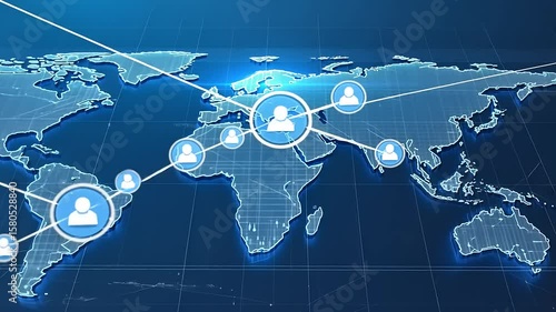 Global network visualization with people icons on a world map backdrop