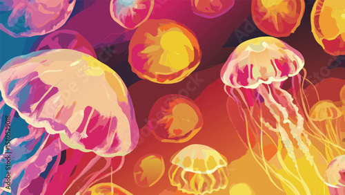 A vibrant illustration featuring a multitude of jellyfish in various sizes and colors on a dark background