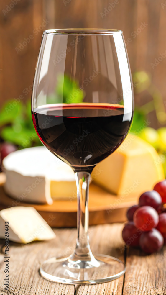 Elegant red wine glass with cheese and grapes on a rustic wooden table, perfect for a cozy evening. Elegant red wine glass with cheese and grapes on a rustic wooden table, perfect for a cozy evening.