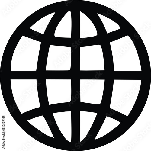 Simple black and white graphic representation of a globe with intersecting lines symbolizing continents and meridians