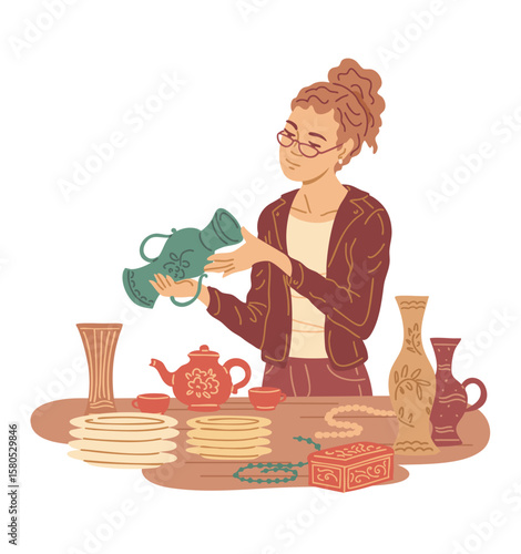 Young female specialist examines vintage ceramic utensils. Girl examines antique vase. Plates, beads, jugs on table. Retro things shop for sale and collectors. Vector isolated illustration