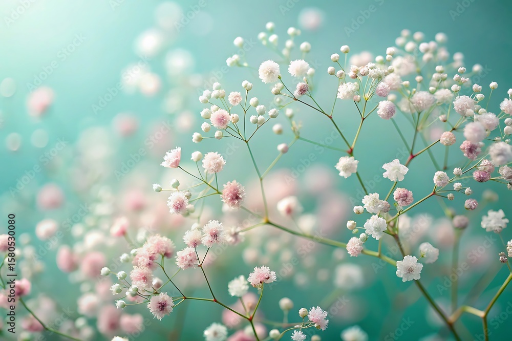 Fototapeta premium Soft Pink and White Baby's Breath Flowers, Delicate Spring Floral Background, Romantic Pastel Teal.