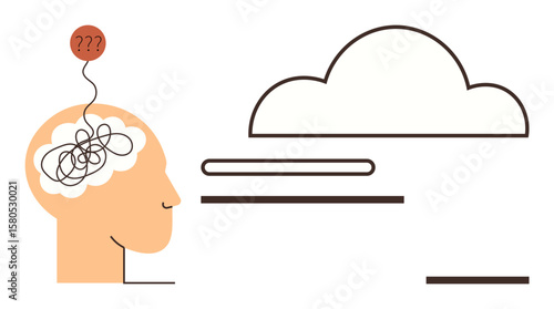 Tangled lines in human head with cloud and question marks symbolizing confusion, unclear thoughts, brainstorming, and problem-solving. Ideal for mental health, decision-making, creativity, education