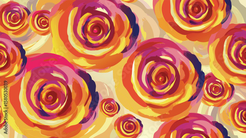 Abstract floral pattern featuring roses with blended colors of yellow orange pink and purple hues design