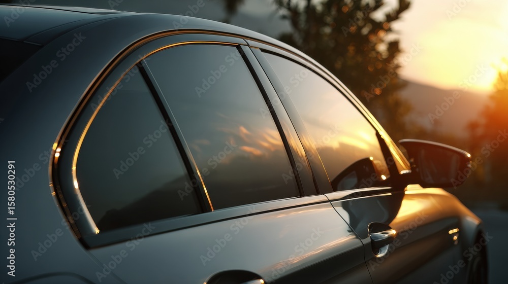 Obraz premium Stunning photo of side view of car window tint, ceramic film provides heat rejection and UV protection.