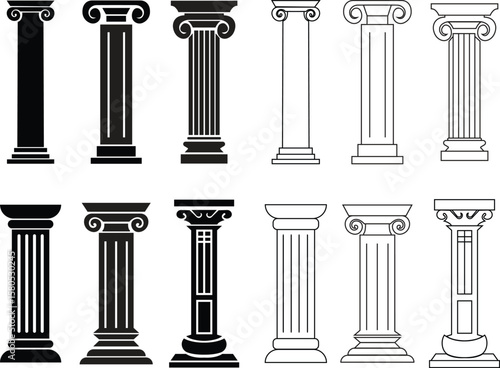 Ancient pillar or Columns vector icons set. Elegant classic roman, Greek architecture line and silhouette column.