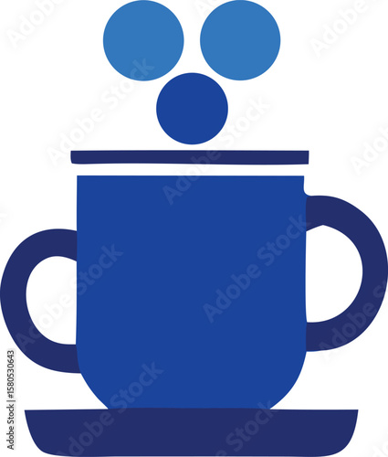 Stylized blue coffee cup with three circular steam elements rising above presented on a saucer against a white background