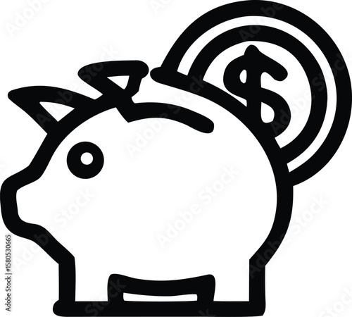 Stylized black and white outline icon of a piggy bank with a dollar coin being inserted representing savings and financial growth