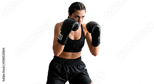Fototapeta Naklejka Na Ścianę i Meble -  Woman in black sports bra and shorts wearing boxing gloves in a fighting stance looking determined