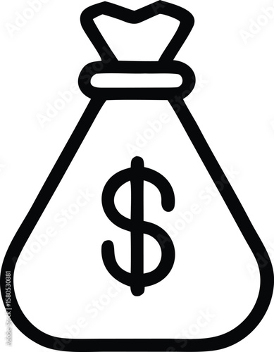 Simple black outline drawing of a money bag with a dollar sign prominently displayed on its front surface