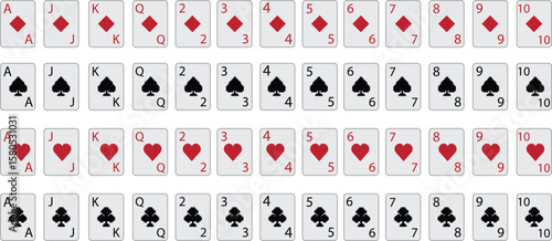 Set, collection and group of playing cards deck vectors with diamond, club, heart and spade icons in flat, solid, outline and minimalist styles for casino, poker, game and gambling designs