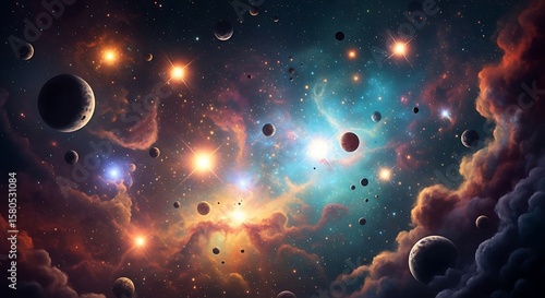 Planets amid colorful nebula and stars