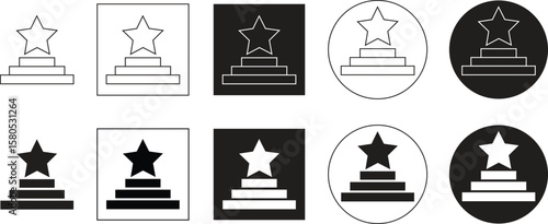 Set, collection and group of podium with star icons vector in flat, solid, outline, and minimalist styles. Award ceremony, winner, ranking, achievement, success, and competition symbols