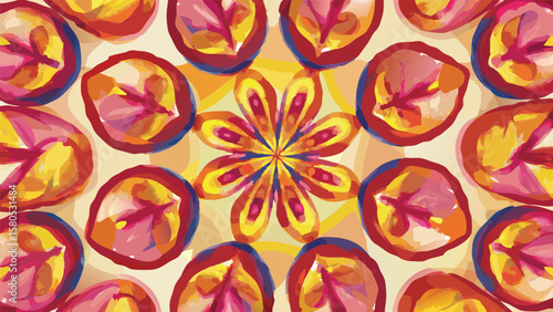Watercolor floral pattern with circular motifs and a central flower design with vibrant colors and textures