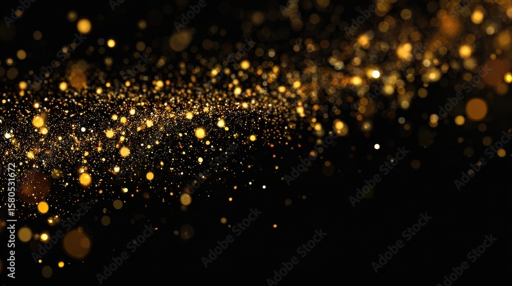 Fototapeta premium Stunning photo of sparkling dust particles. Gold sparkle splatter border .Festive background with gold glitter and confetti for celebration. Background with glowing golden.