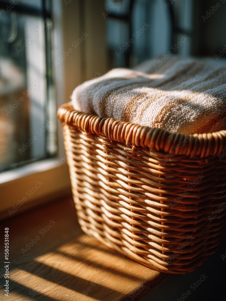Obraz premium Beige Striped Towel in Brown Wicker Basket on Window Sill