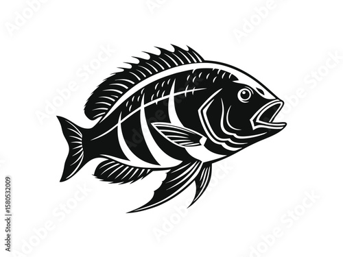 Stylized black and white illustration of a tilapia fish aquatic animal, wildlif,e nature, graphic design
