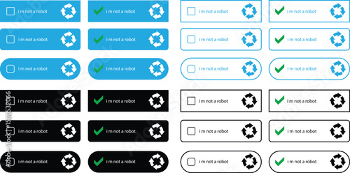 I'm not a robot CAPTCHA icons set in flat, outline, solid, and colorful vector styles. Verification button group, security check collection, human validation, web form, and login symbols